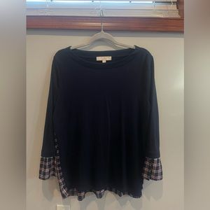 Loft Women's Navy White Red Plaid Mixed Media Flowy Knit Top Blouse